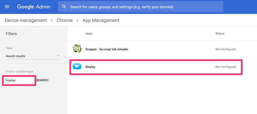 In App Management zoek voor de Bizplay app