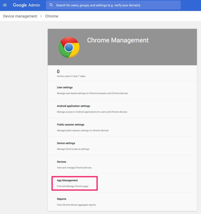 In Chrome Management kies App Management